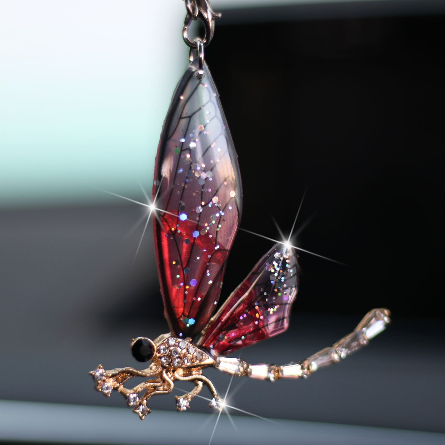 Wholesale transparent wings metal dragonfly car decoration pendant